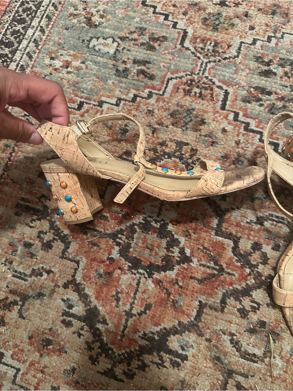 Vaneli Cork Block Heel Sandals with Turquoise & Coral Studs